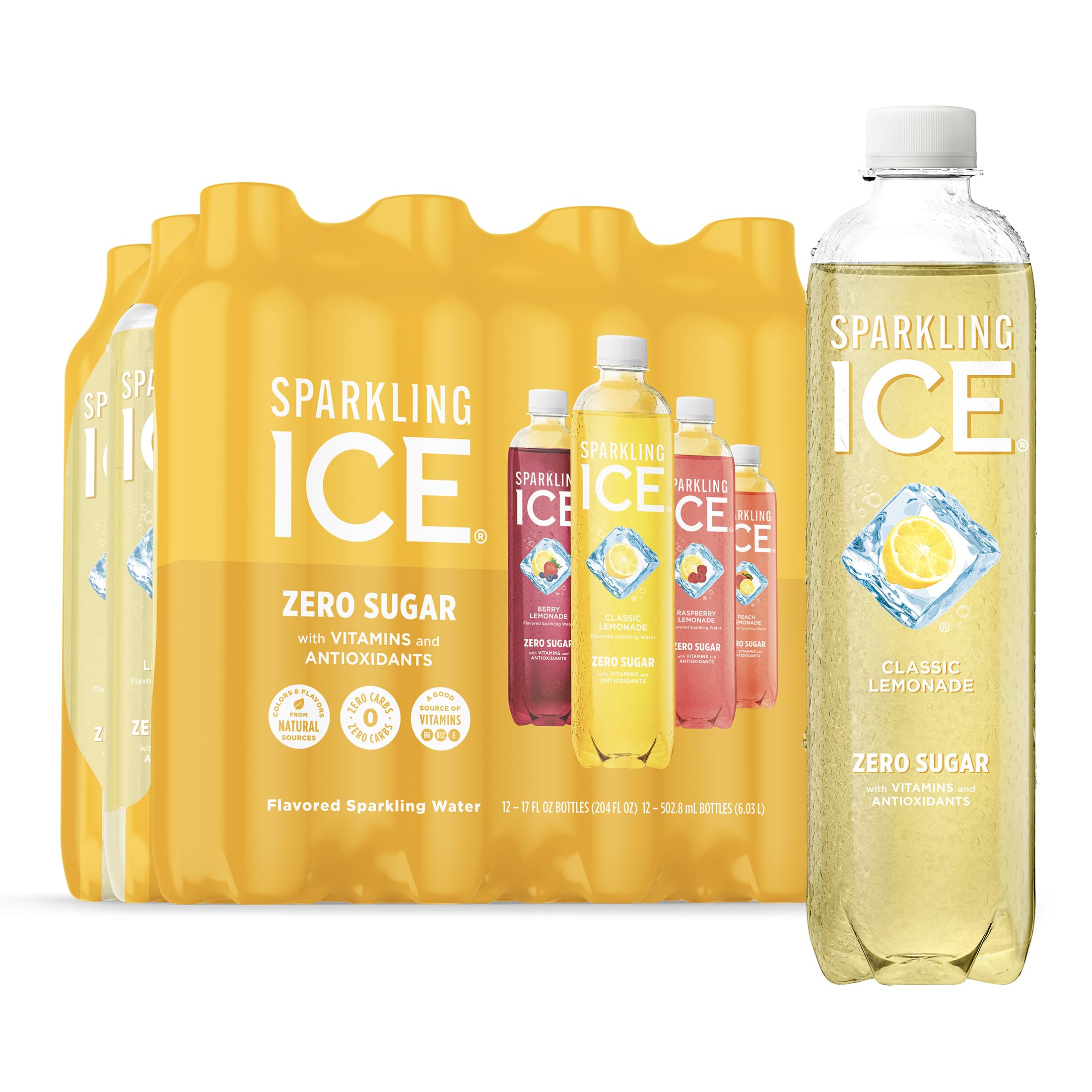 Sparkling Ice 12-pack front view showing lemonade variety, brand refreshment benefit