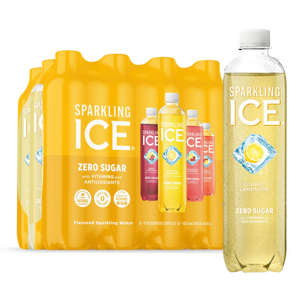 Sparkling Ice 12-pack front view showing lemonade variety, brand refreshment benefit