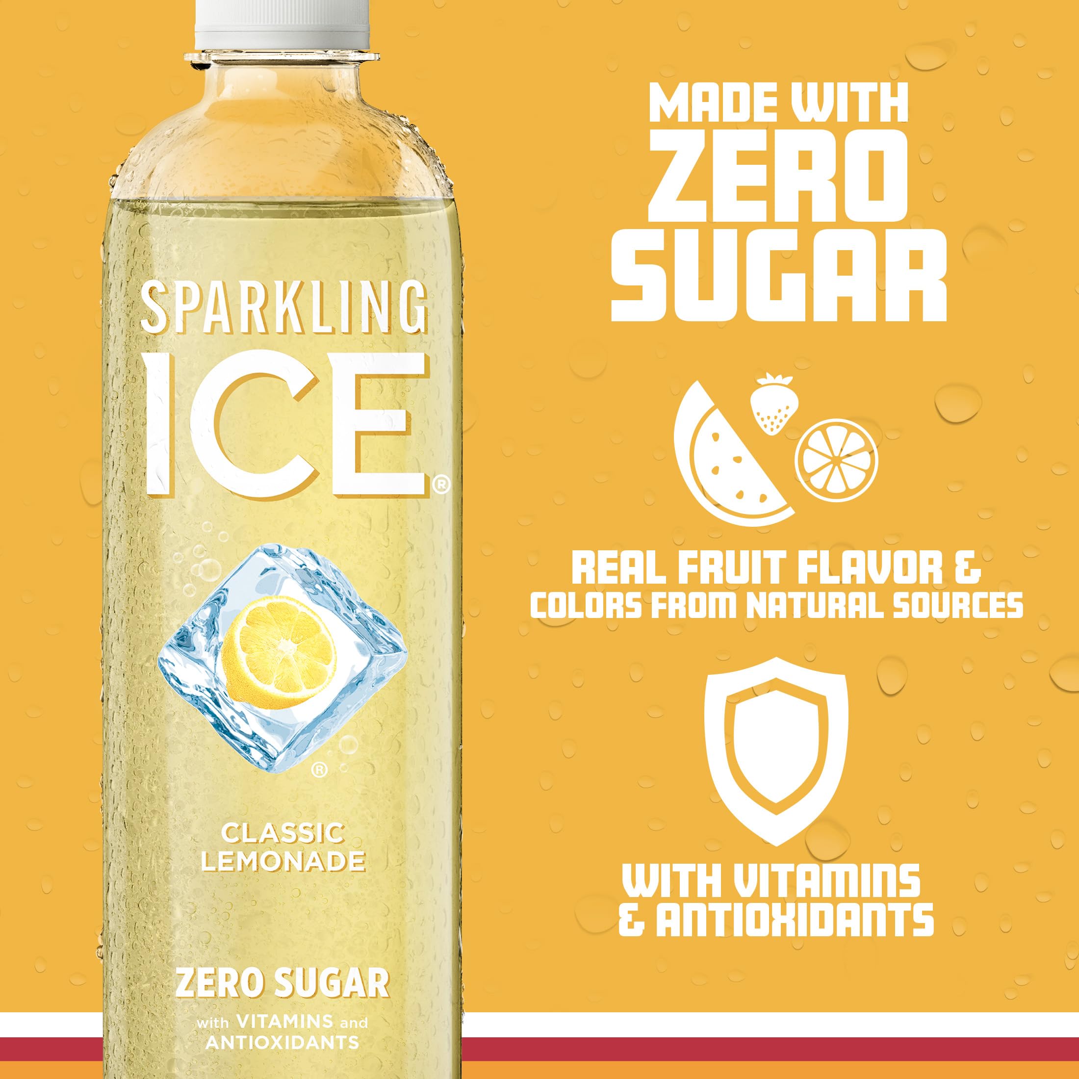 Sparkling Ice Classic Lemonade pouring into a glass with fizz for refreshing enjoyment