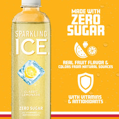 Sparkling Ice Classic Lemonade pouring into a glass with fizz for refreshing enjoyment