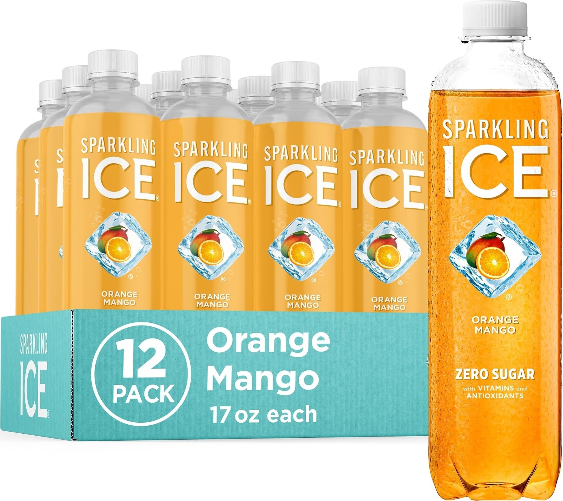 Sparkling Ice Orange Mango front bottle showing bright label and zero sugar benefit