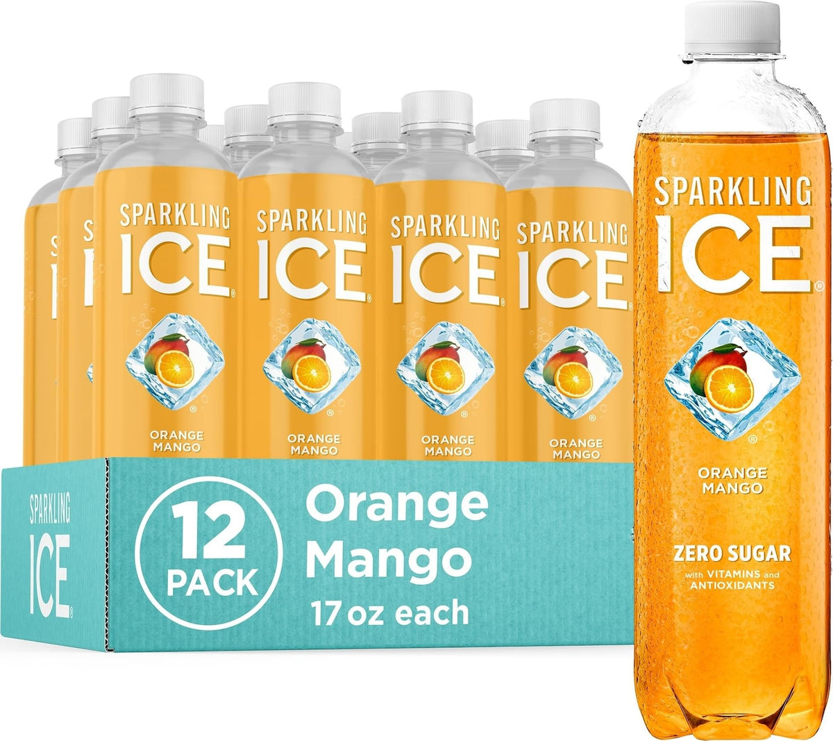 Sparkling Ice Orange Mango front bottle showing bright label and zero sugar benefit