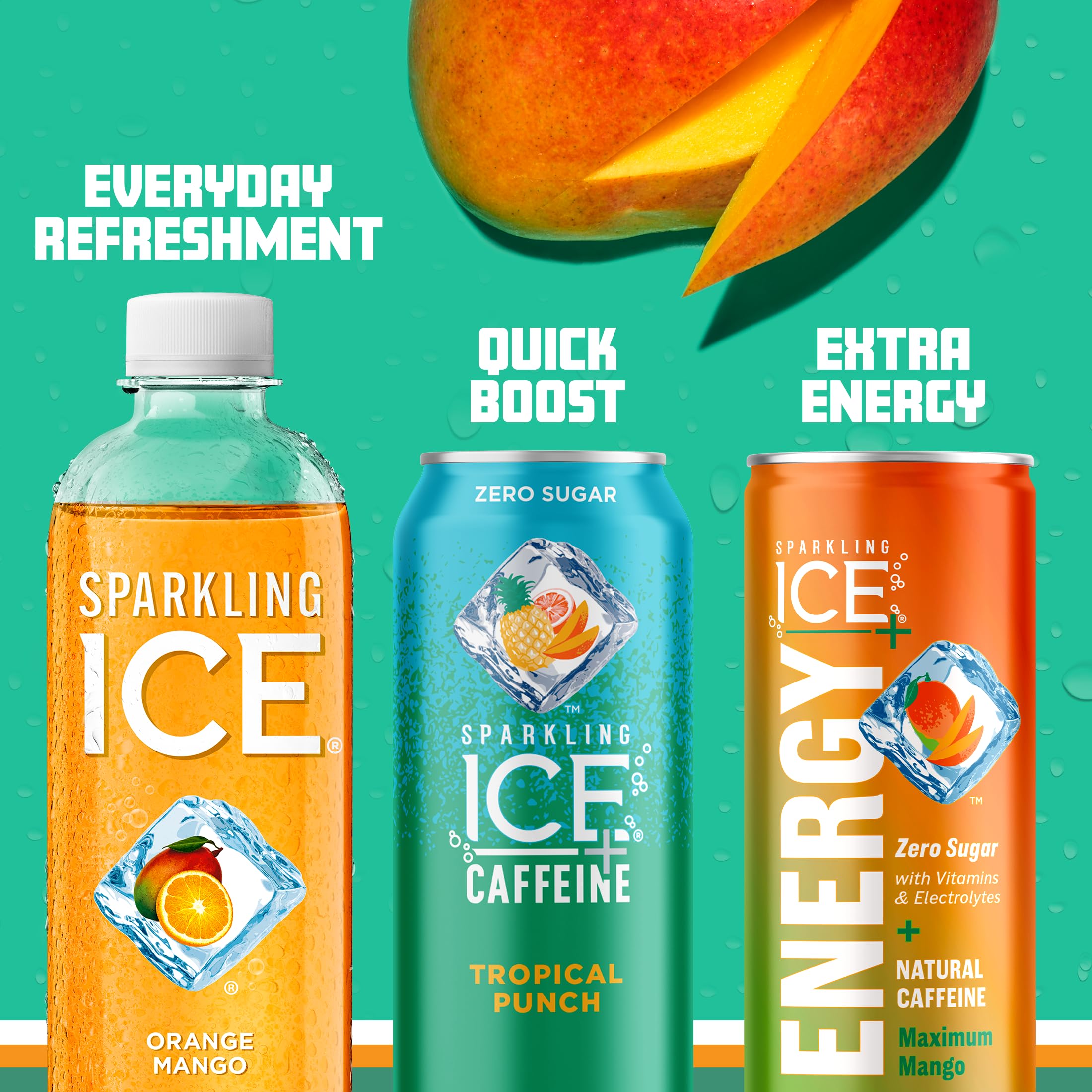 Glass of Sparkling Ice Orange Mango with ice and slice, Sparkling Ice conveys flavorful refreshment