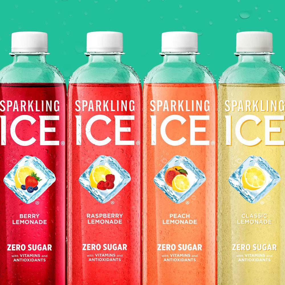 Sparkling Ice Peach Lemonade bottle side showing peach tone and low-calorie benefit