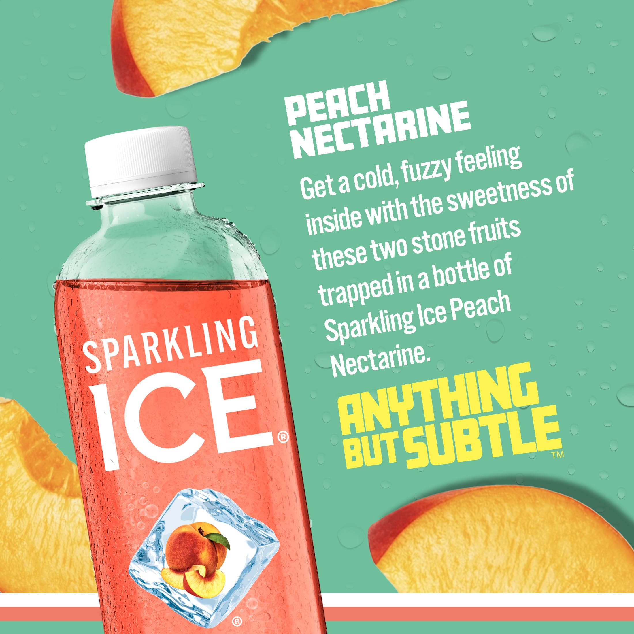 Close-up of Sparkling Ice bottle label highlighting vitamins and zero sugar benefit
