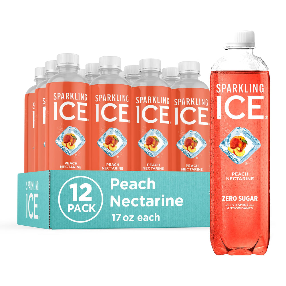 Sparkling Ice front packaging showing 12 bottles and peach nectarine flavor benefits
