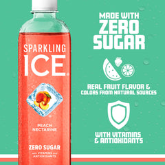 Sparkling Ice pouring into a glass with ice, showing refreshing peach nectarine taste