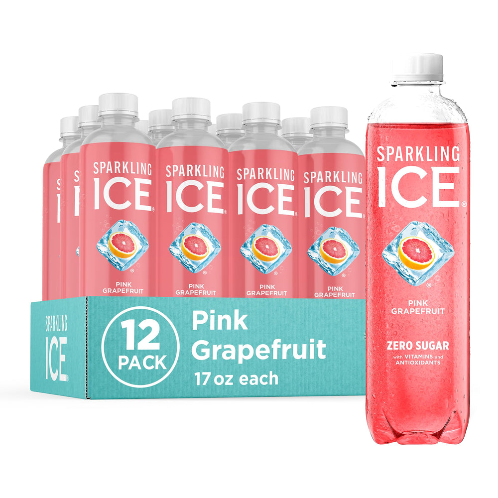 Sparkling Ice pink grapefruit front packaging showing 12 bottles and branding, convenient bulk supply
