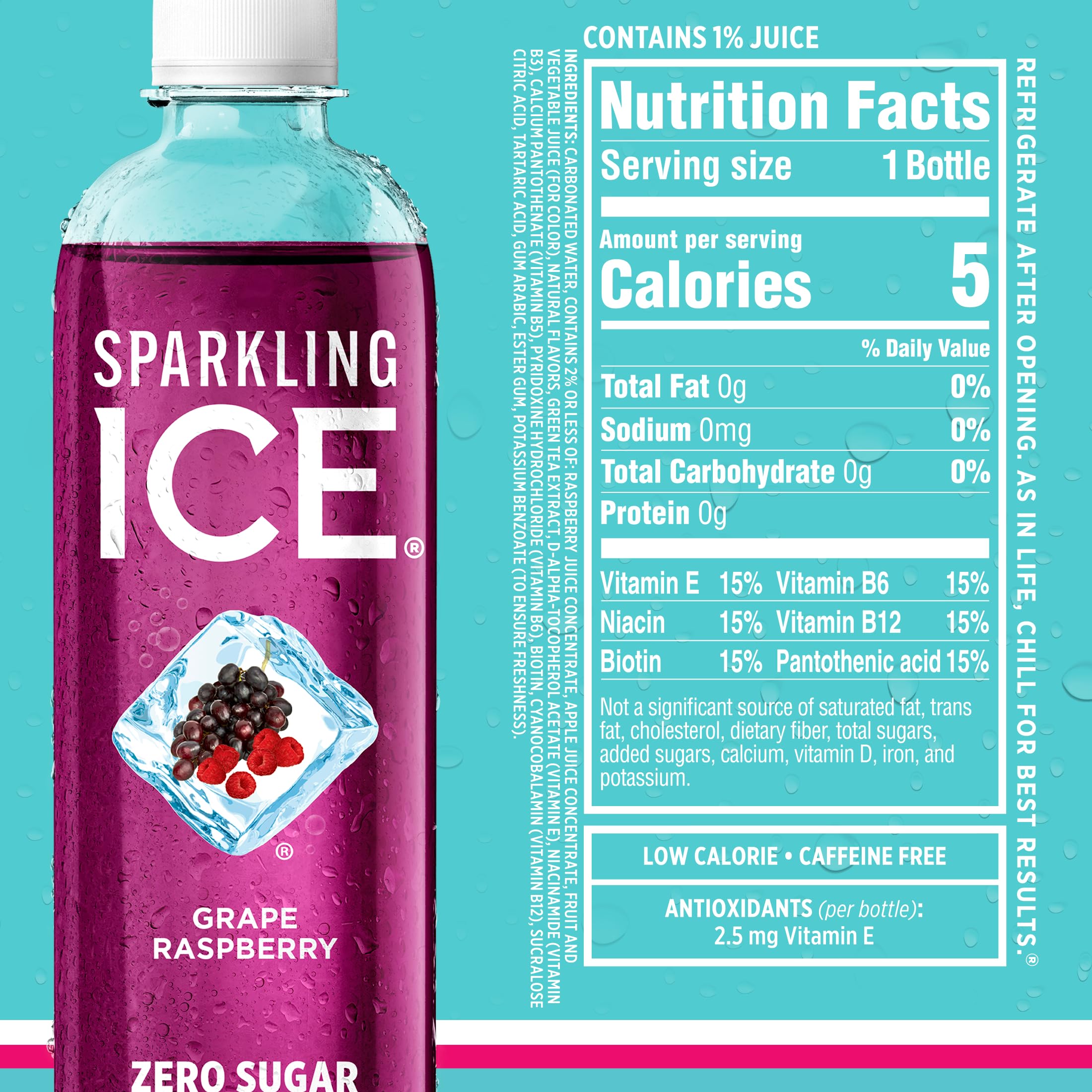 Sparkling Ice poured into a glass with ice showing clear color and chilled refreshment benefit