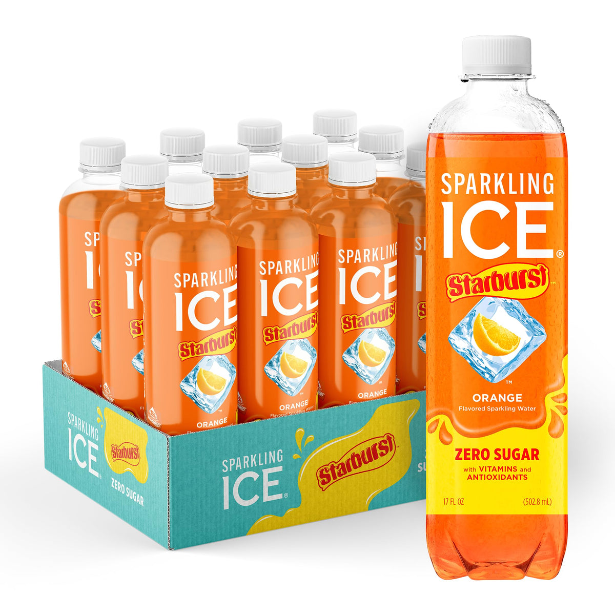 Sparkling Ice STARBURST orange front packaging showing pack label and flavor benefits