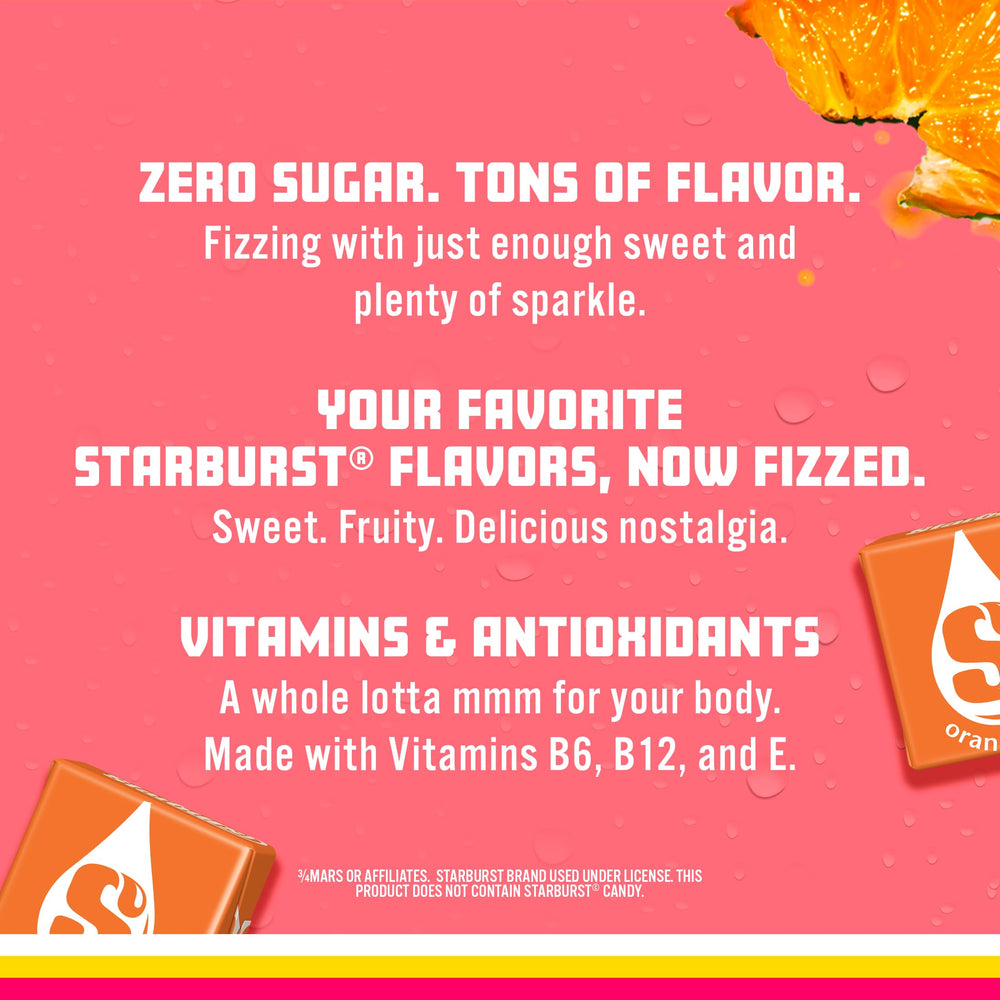 Sparkling Ice STARBURST orange bottle in hand for scale, convenient 17 fl oz portion