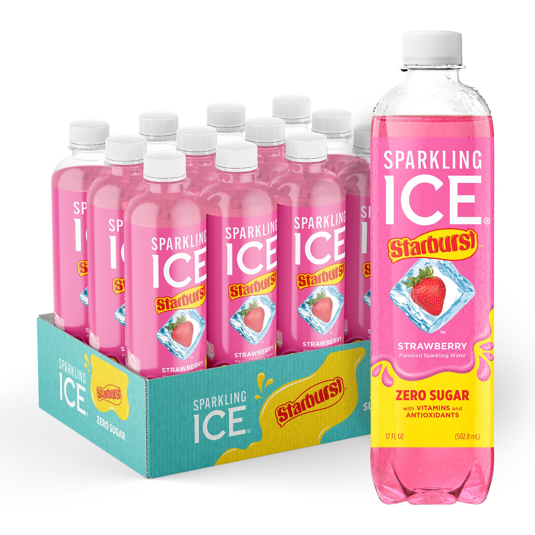 Sparkling Ice bottle front packaging showing STARBURST strawberry flavor and vibrant look