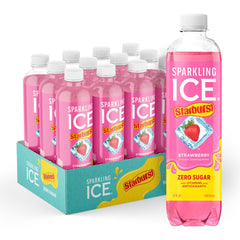 Sparkling Ice bottle front packaging showing STARBURST strawberry flavor and vibrant look