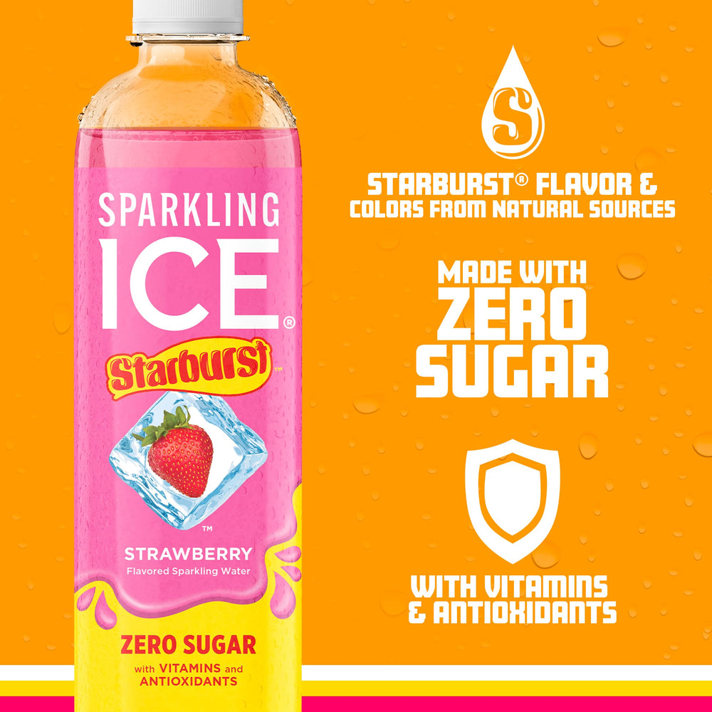 Sparkling Ice STARBURST strawberry being poured into glass with lively fizz and refreshment
