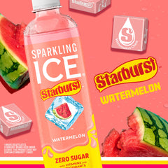 Sparkling Ice STARBURST bottle close-up highlighting fizz and bright watermelon appeal