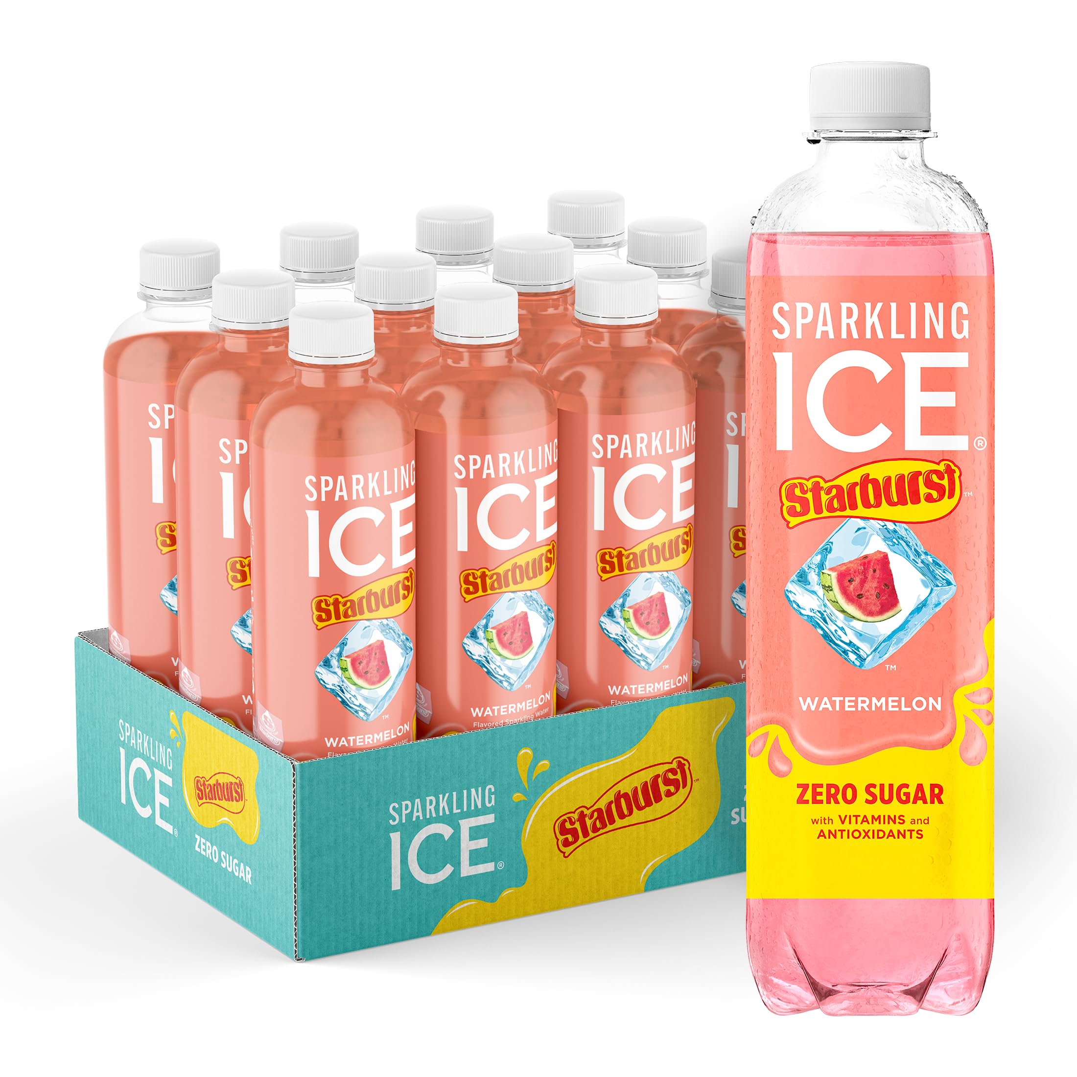 Sparkling Ice STARBURST front packaging showing vibrant watermelon flavor and zero sugar benefit