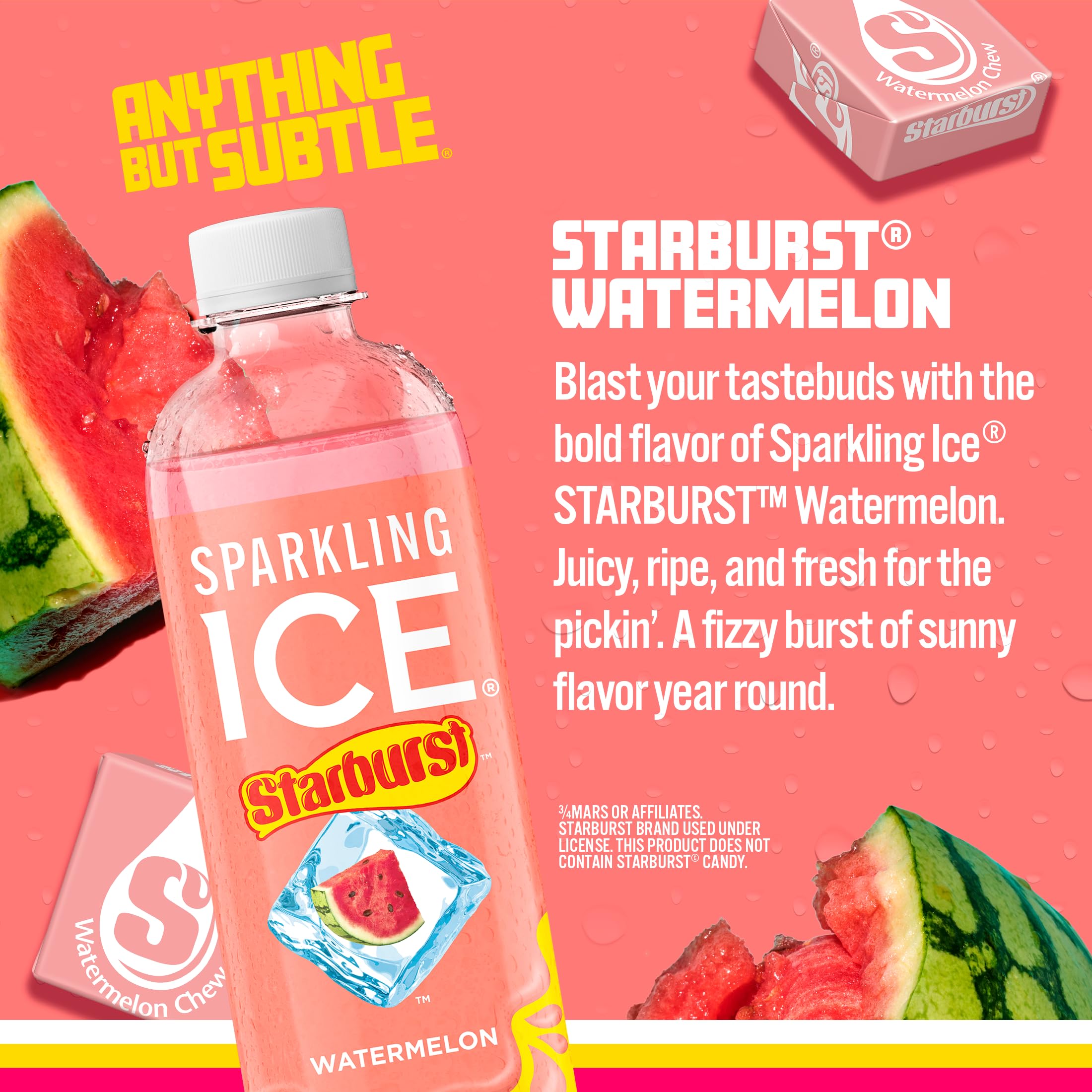 Sparkling Ice STARBURST bottle served with ice emphasizing thirst-quenching coldness