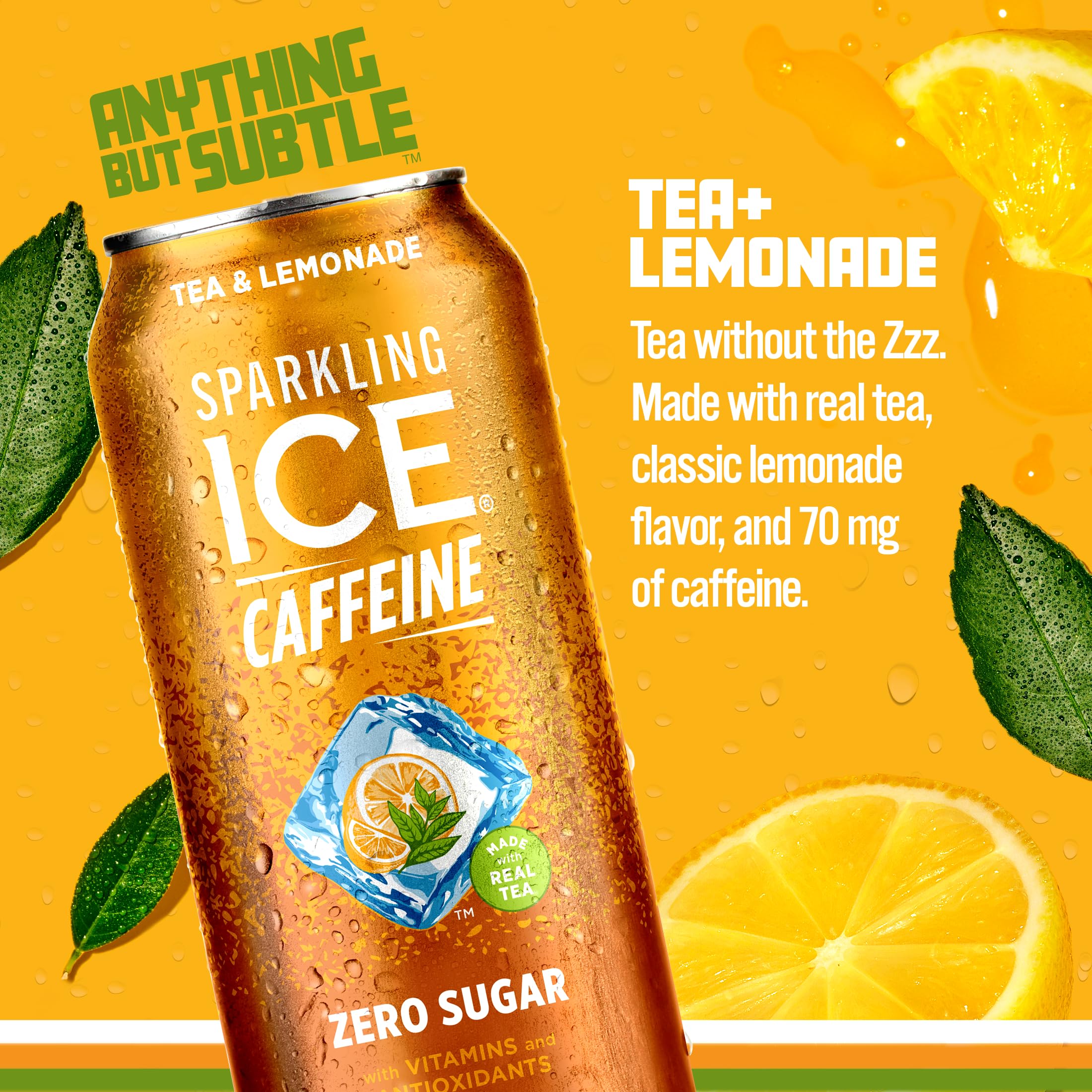 Sparkling Ice close-up of can label highlighting real tea and caffeine benefit