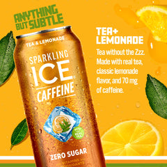 Sparkling Ice close-up of can label highlighting real tea and caffeine benefit