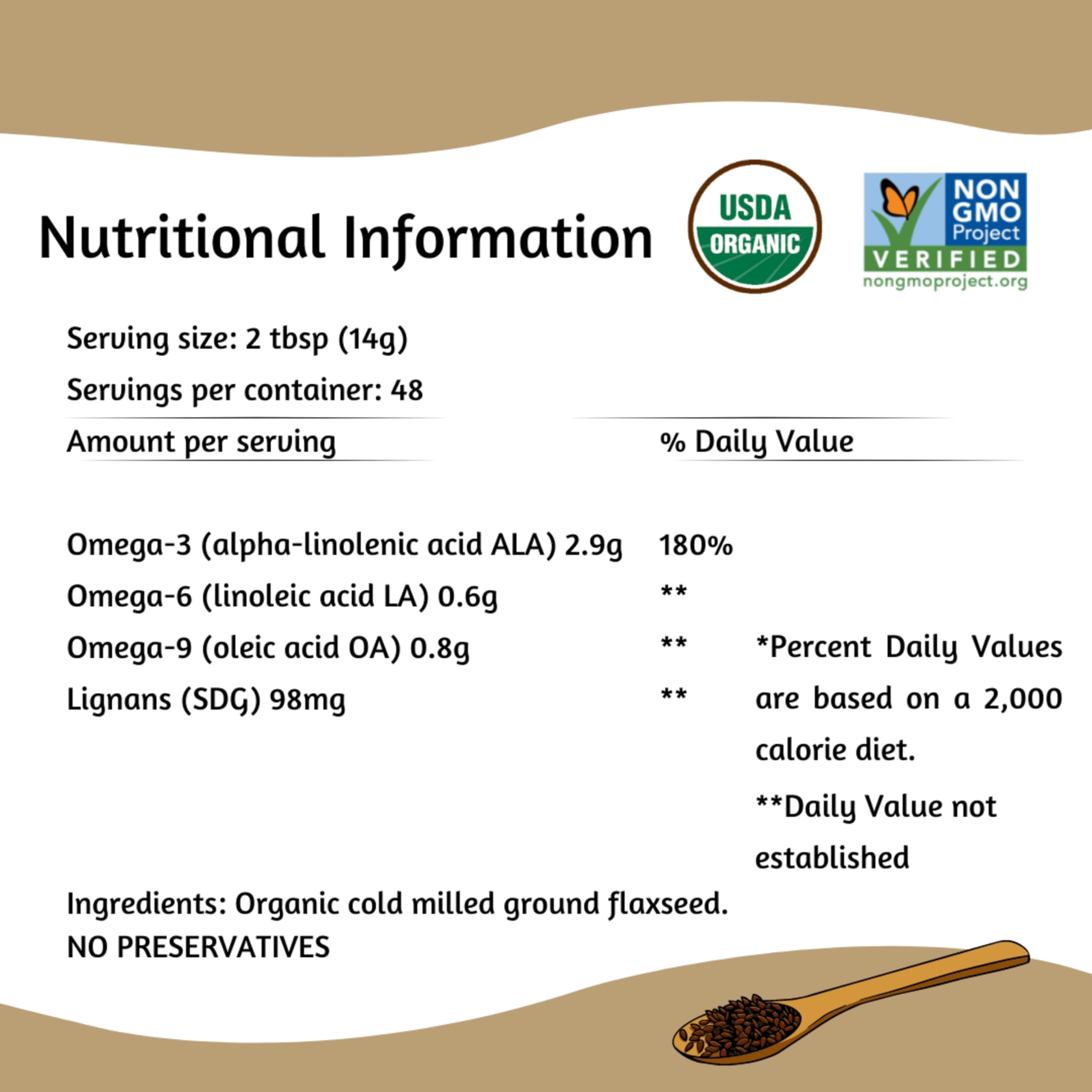 Measuring cup with Spectrum flaxseed beside ingredients showing recipe convenience benefit