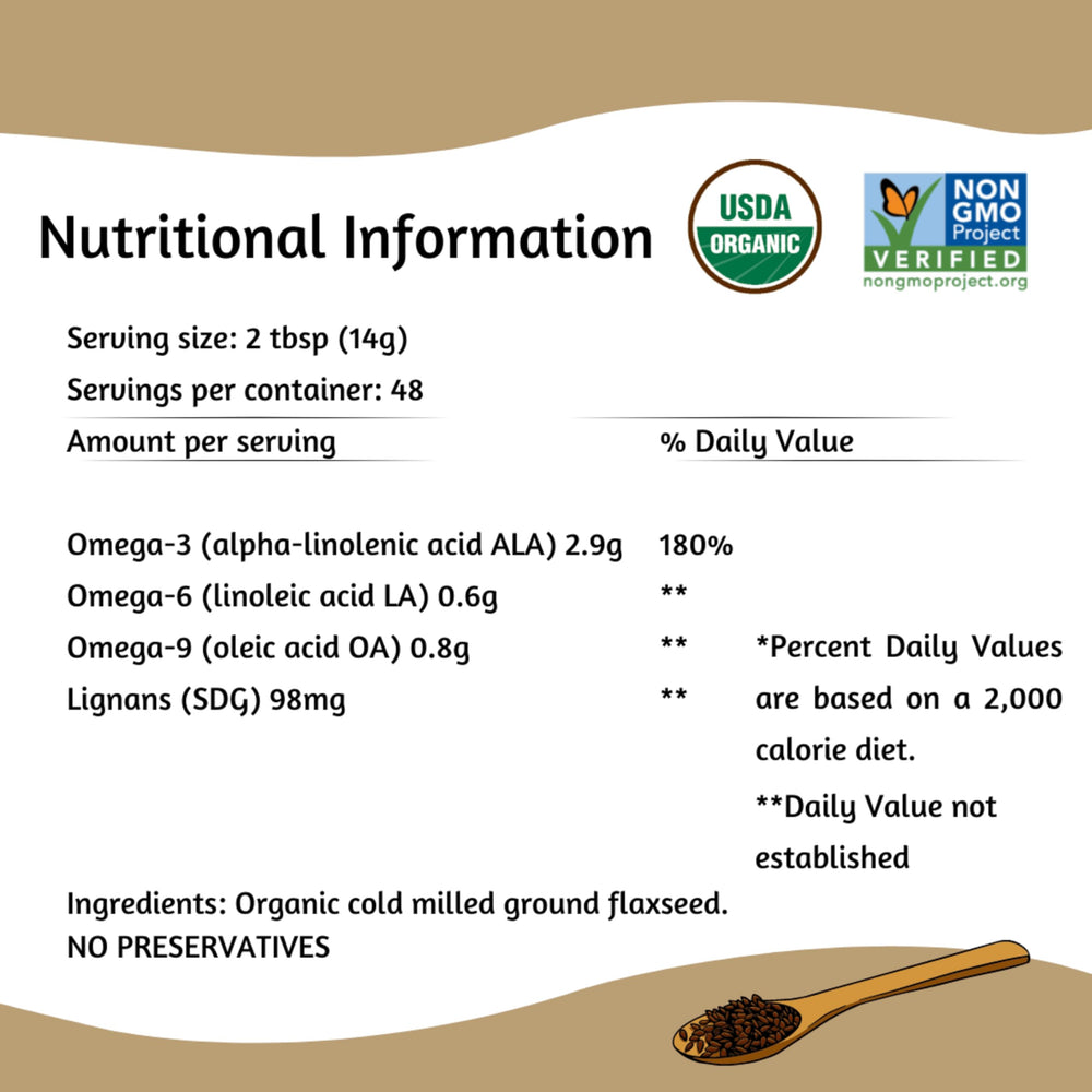 Measuring cup with Spectrum flaxseed beside ingredients showing recipe convenience benefit