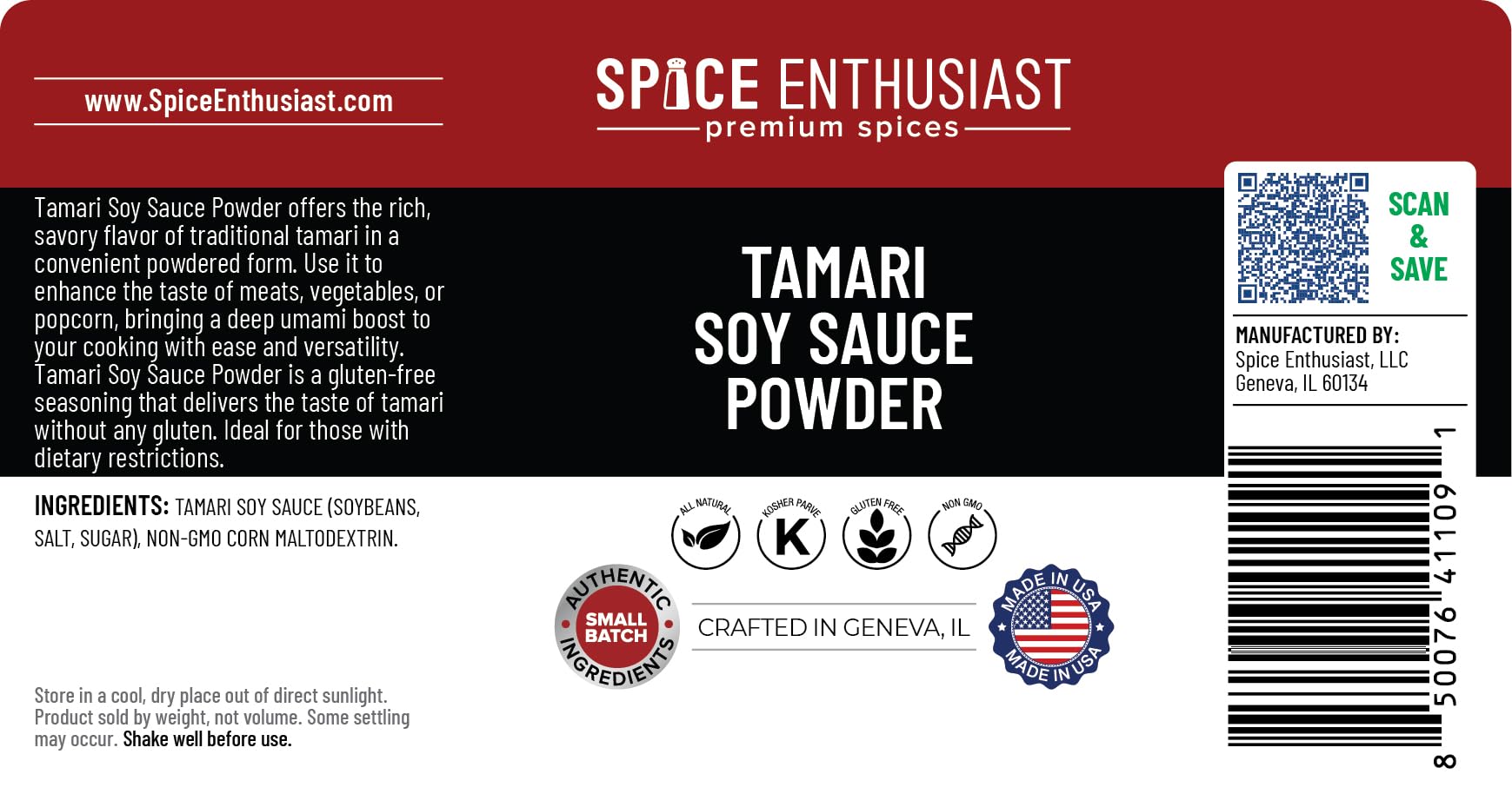 Spice Enthusiast tamari powder jar beside measuring spoon showing 4 oz scale