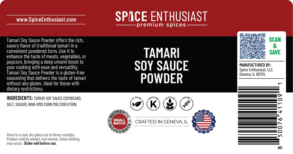Spice Enthusiast tamari powder jar beside measuring spoon showing 4 oz scale
