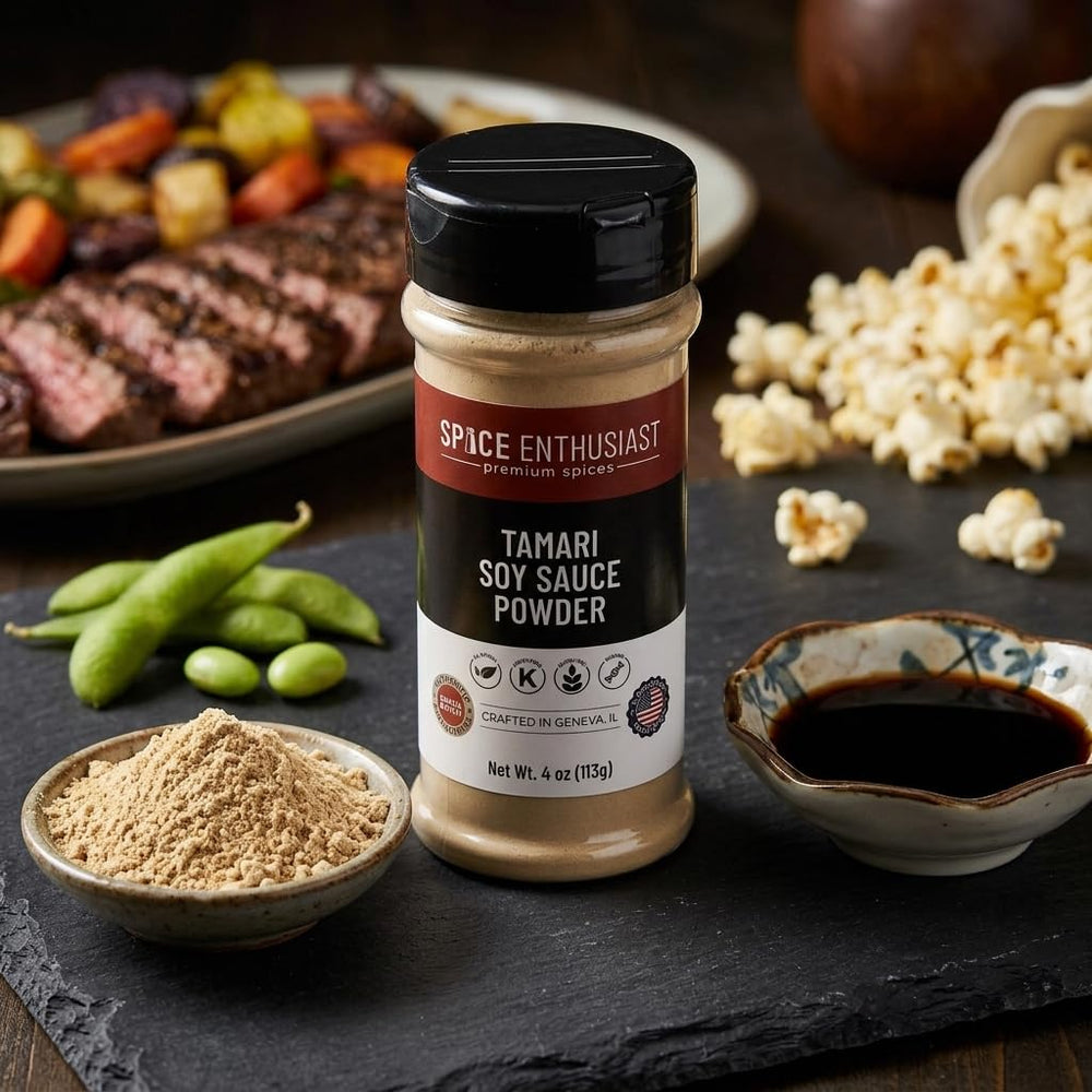 Spice Enthusiast tamari powder sprinkled on popcorn for savory snack upgrade