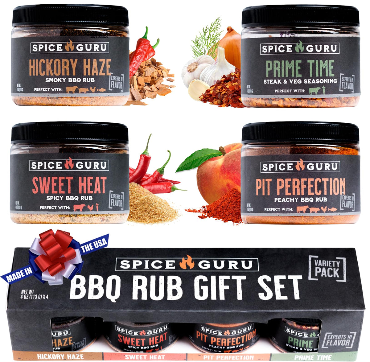 Spice Guru front packaging showing four-rub gift set and presentable box for gifting