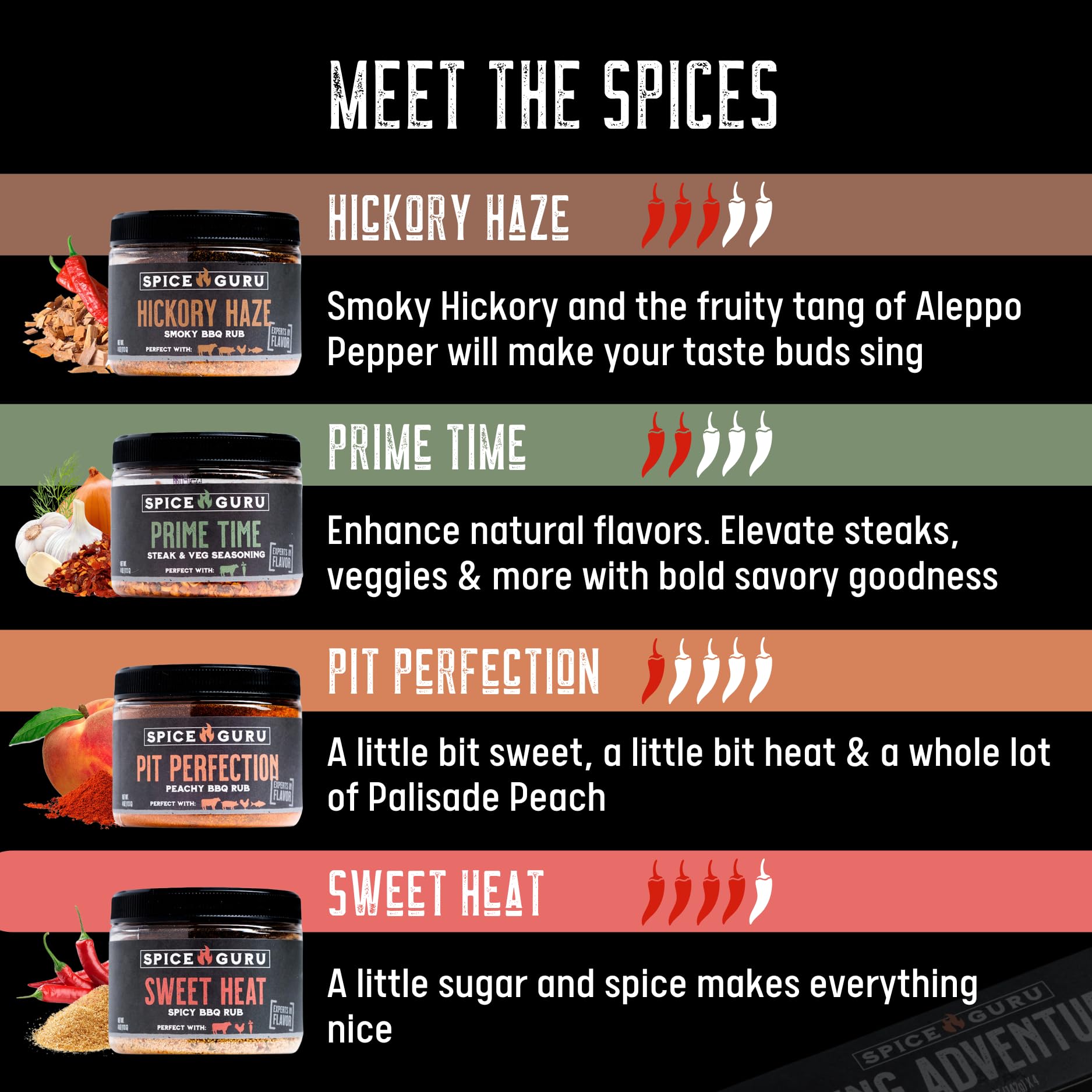 Spice Guru jars top view displaying four distinct rub colors for easy selection