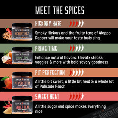 Spice Guru jars top view displaying four distinct rub colors for easy selection