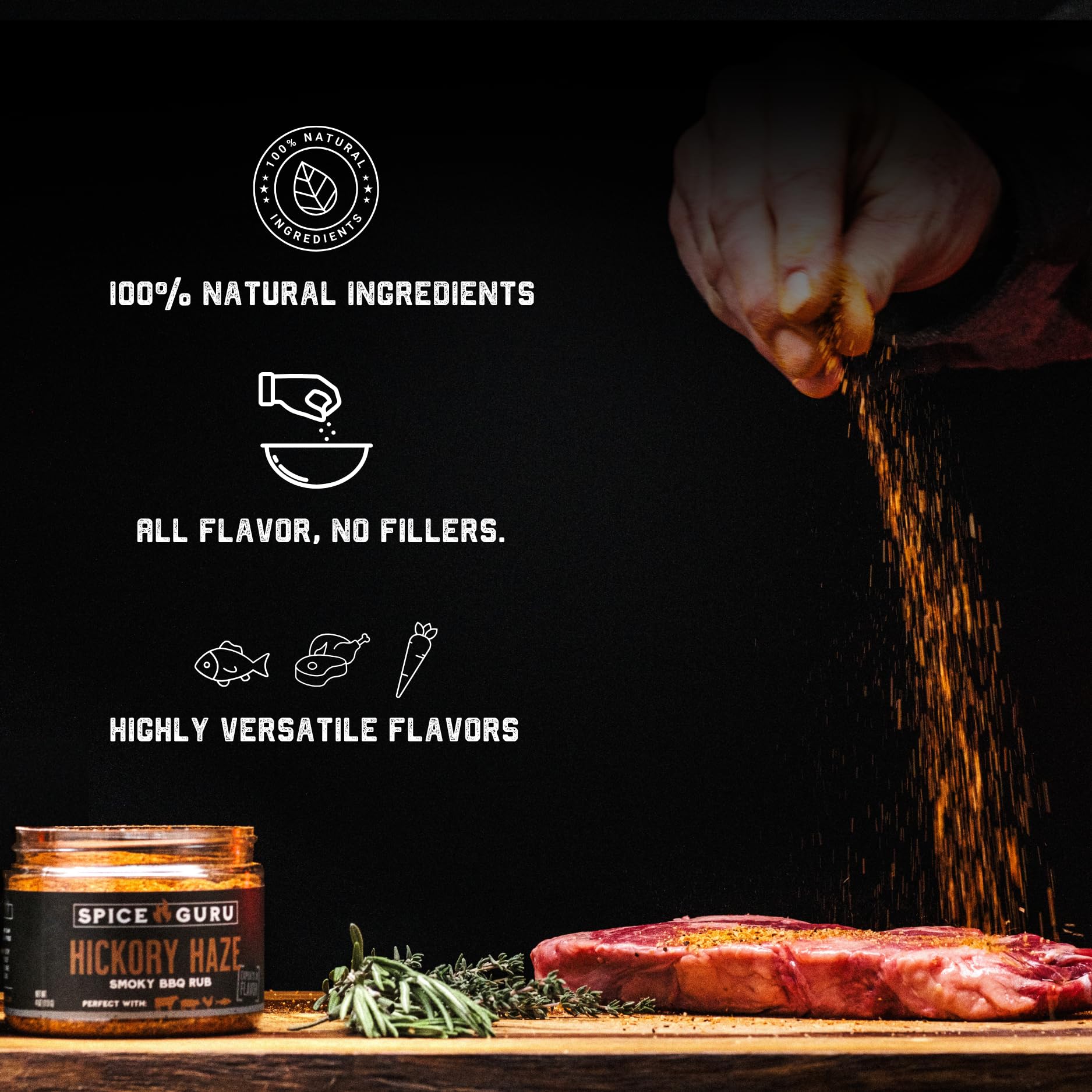 Spice Guru labeled jar detail revealing flavor name and suggested uses for grilling