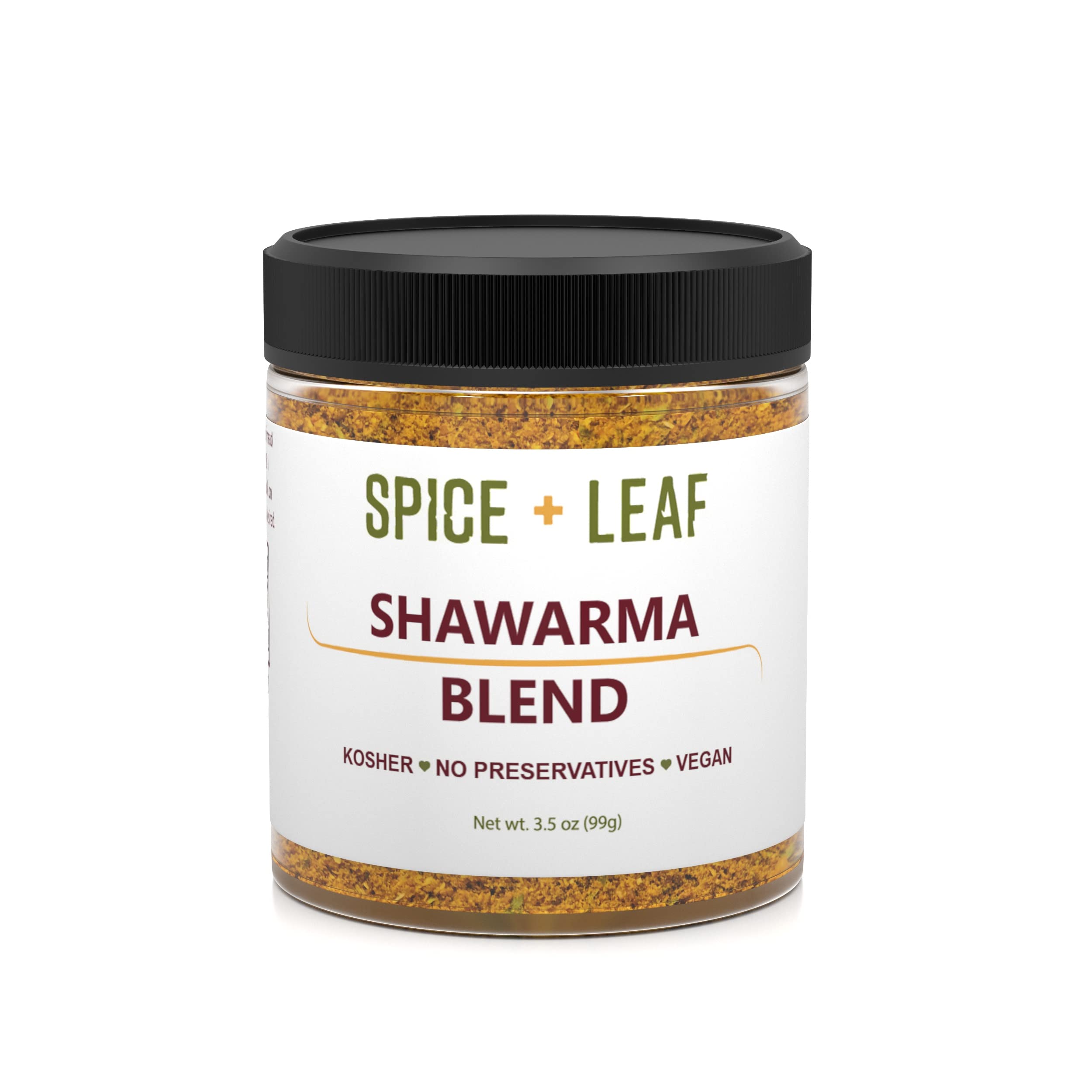 SPICE + LEAF jar front label showing shawarma blend branding and clean ingredients benefit