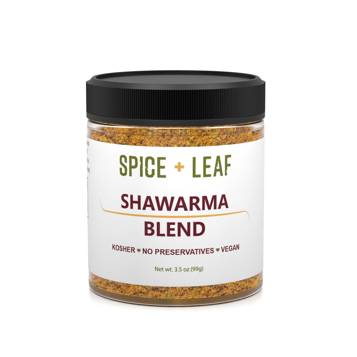 SPICE + LEAF jar front label showing shawarma blend branding and clean ingredients benefit