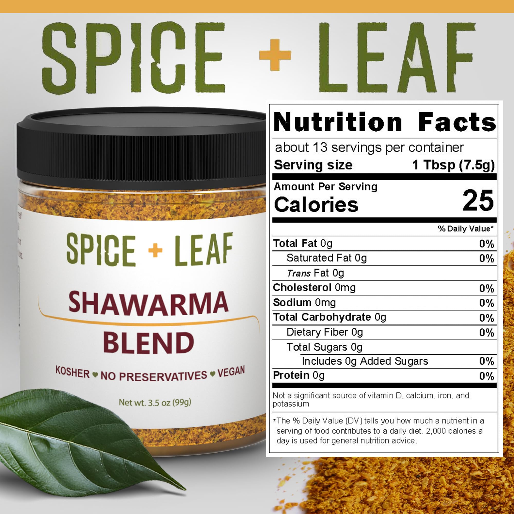 SPICE + LEAF ingredients label close-up highlighting kosher vegan preservative-free benefit