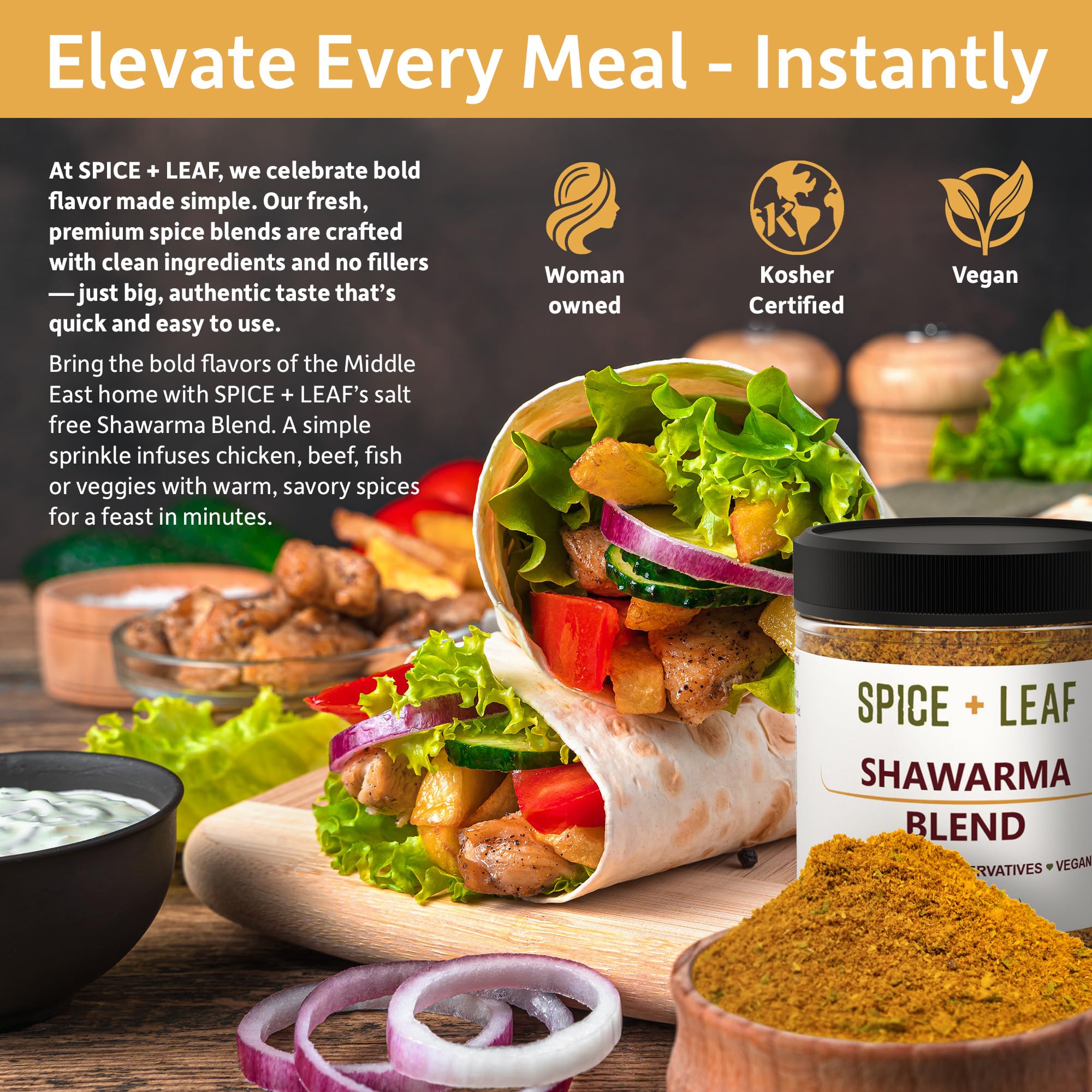 SPICE + LEAF open jar revealing coarse shawarma mix and easy-to-use freshness benefit