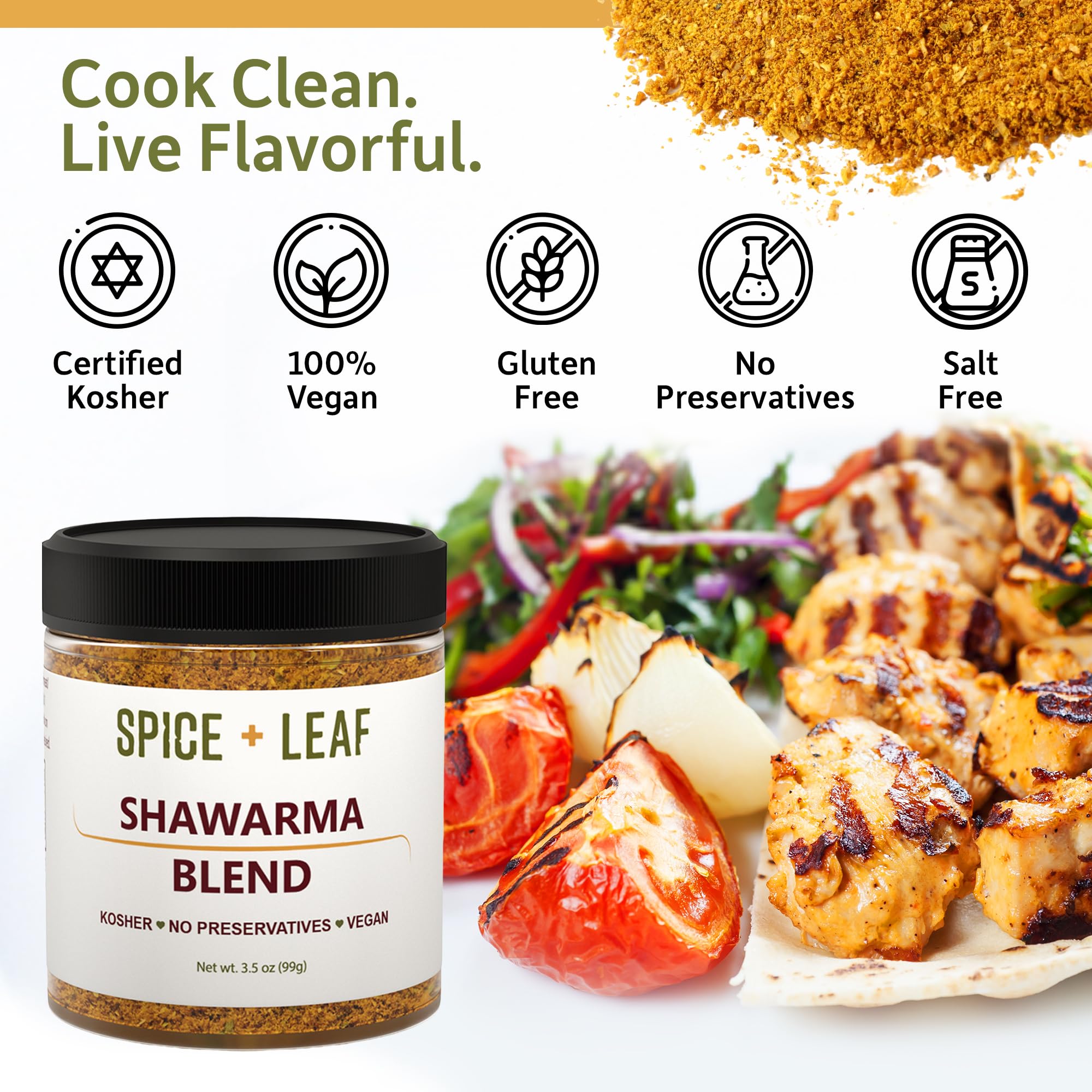 SPICE + LEAF close-up texture of shawarma blend showing visible spices and aromatic appeal