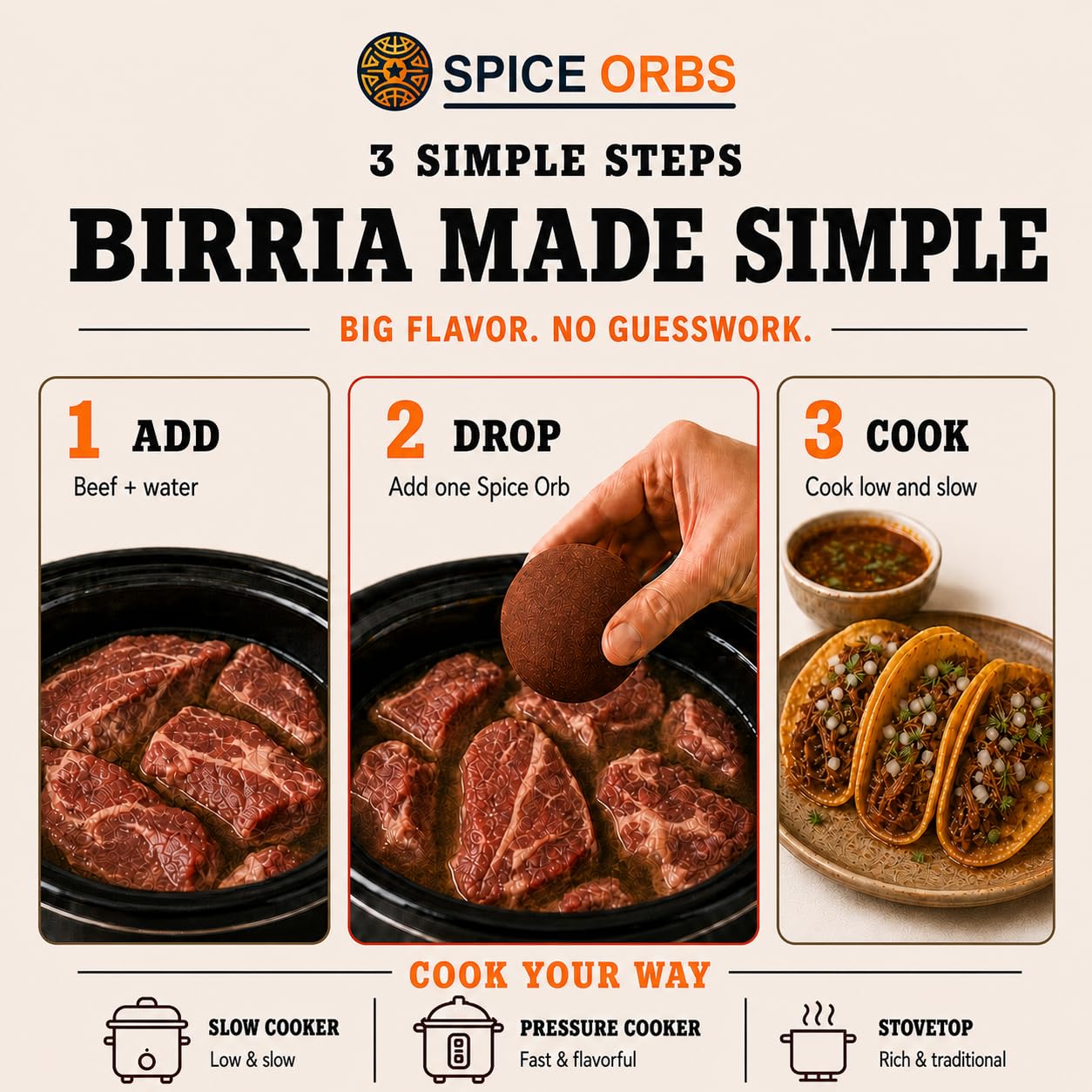 Plated birria tacos and quesabirria made with Spice Orbs showing crispy, juicy filling