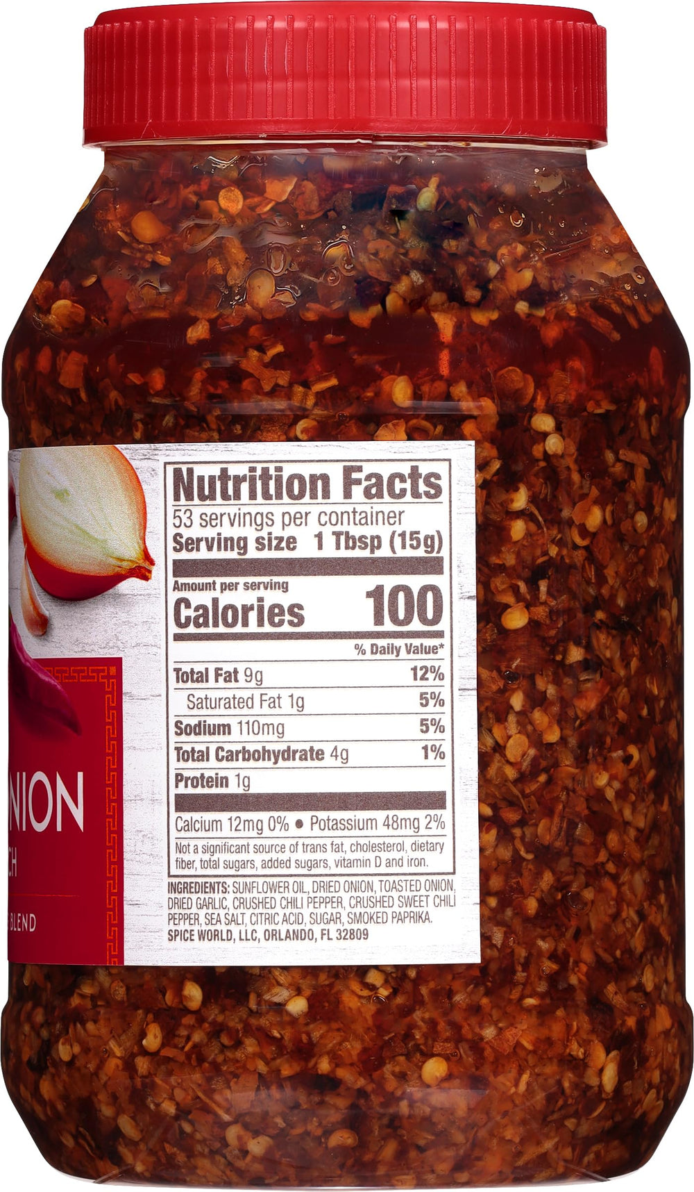 Close-up texture of Spice World chili onion crunch highlighting crunchy bits