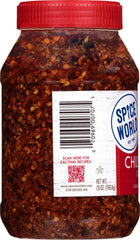 Spice World open jar top view with visible chili oil and fried onion pieces