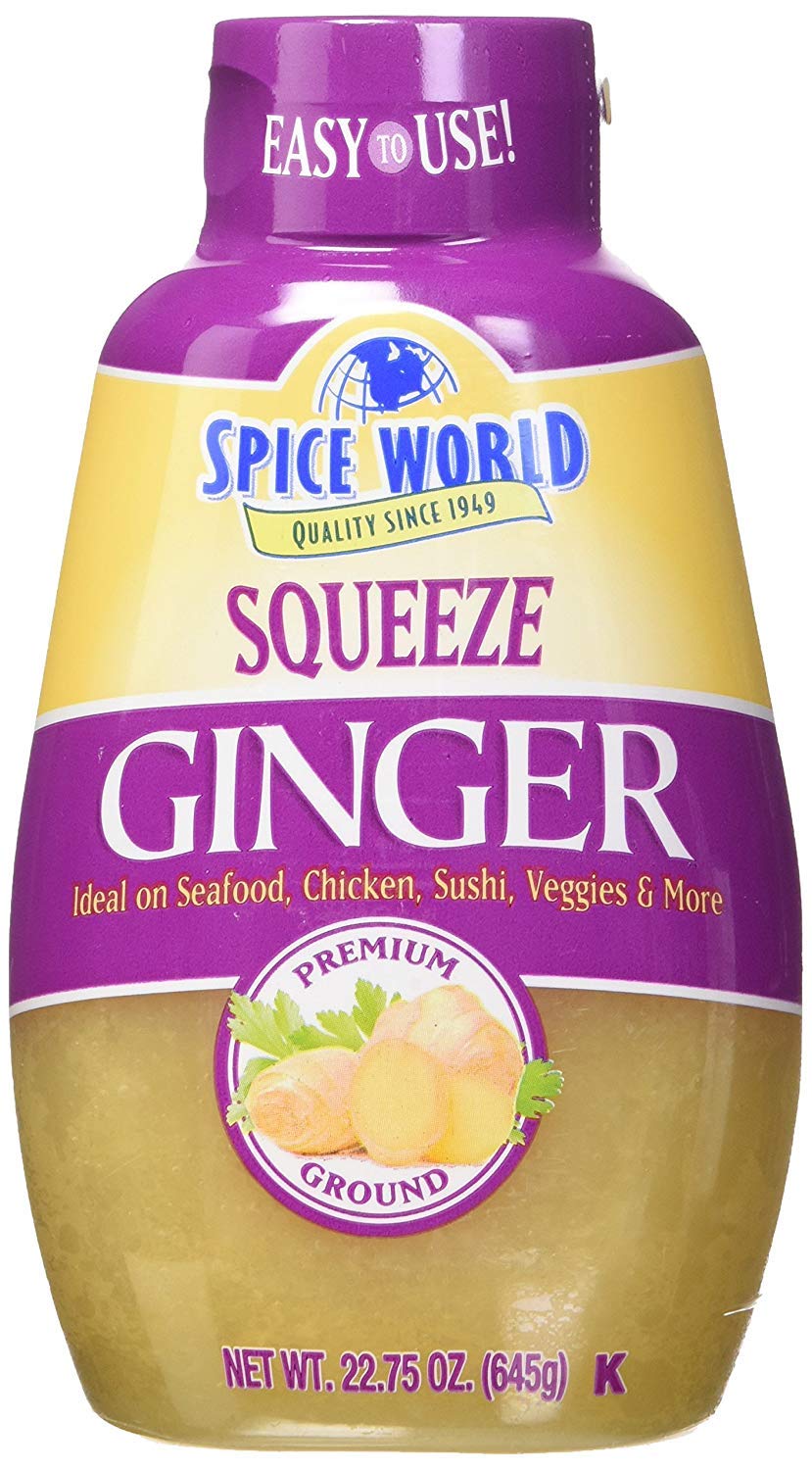 Spice World squeeze ginger front packaging shows bottle and easy-use squeeze cap