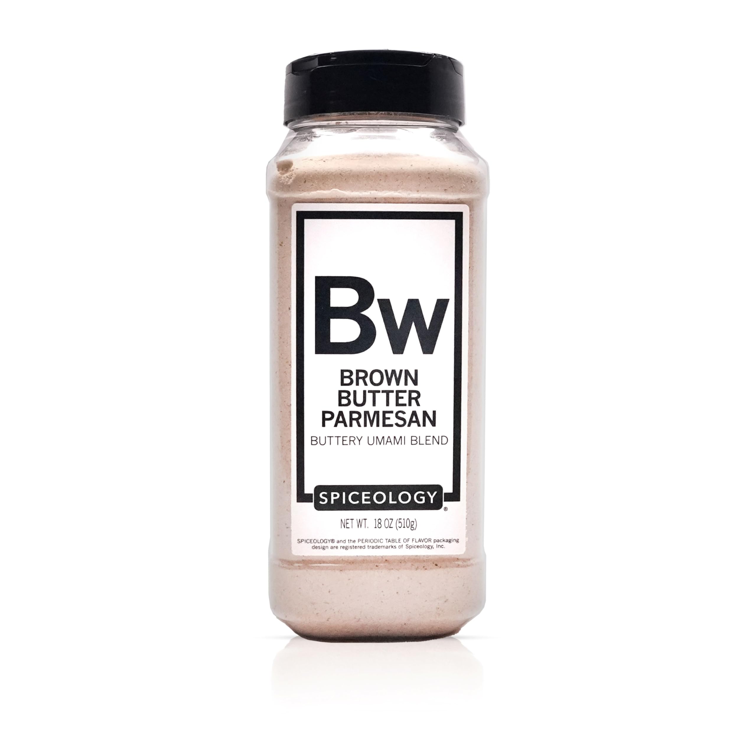 Spiceology jar front label showing brown butter parmesan seasoning, highlights convenience