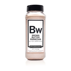 Spiceology jar front label showing brown butter parmesan seasoning, highlights convenience
