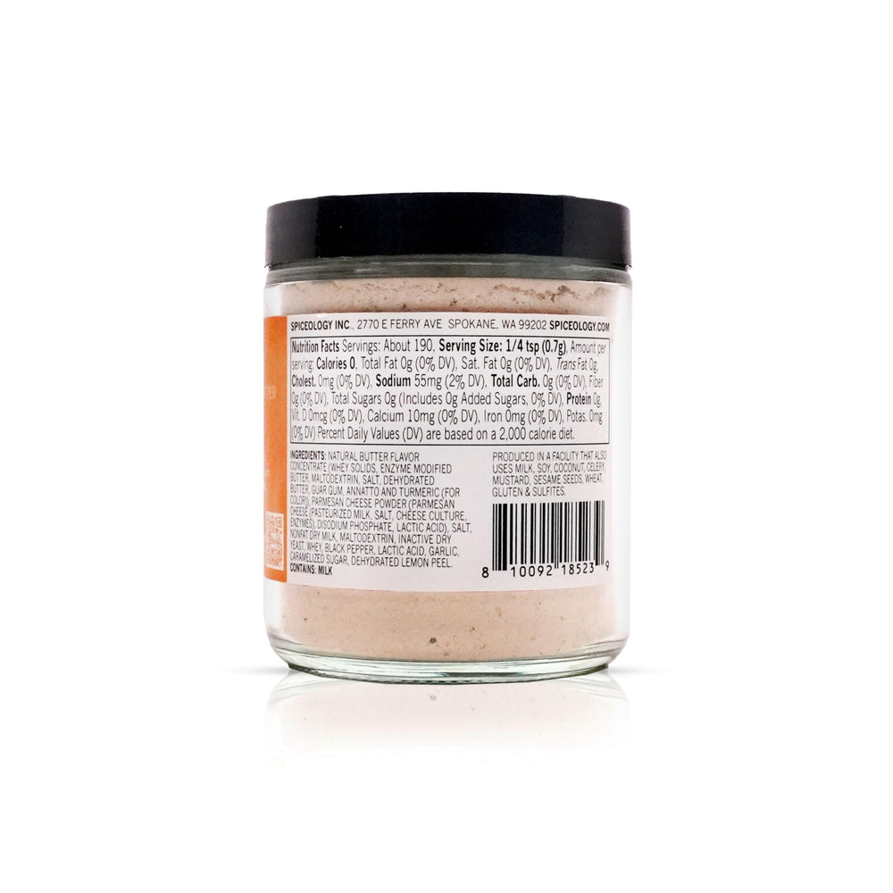 Open jar showing brown butter granules and Parmesan texture, Spiceology texture detail for seasoning application