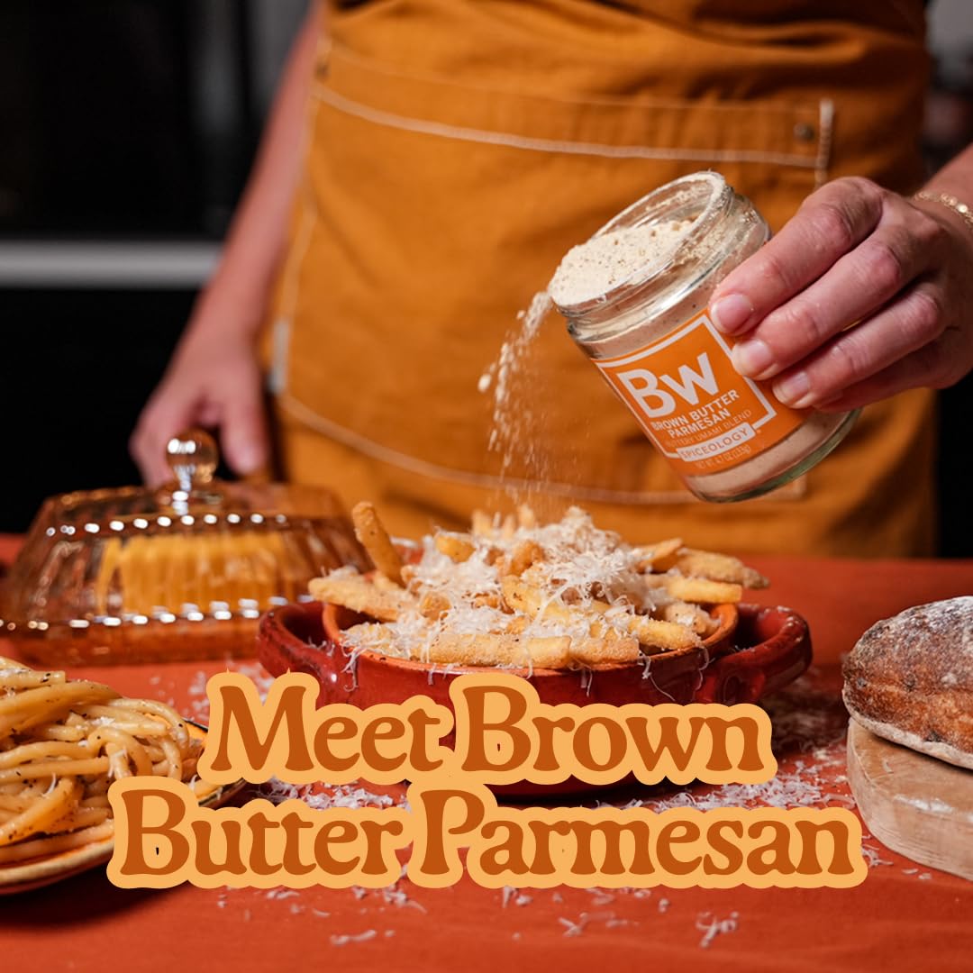 Golden fries dusted with blend, Spiceology boost that adds cheesy, nutty crunch