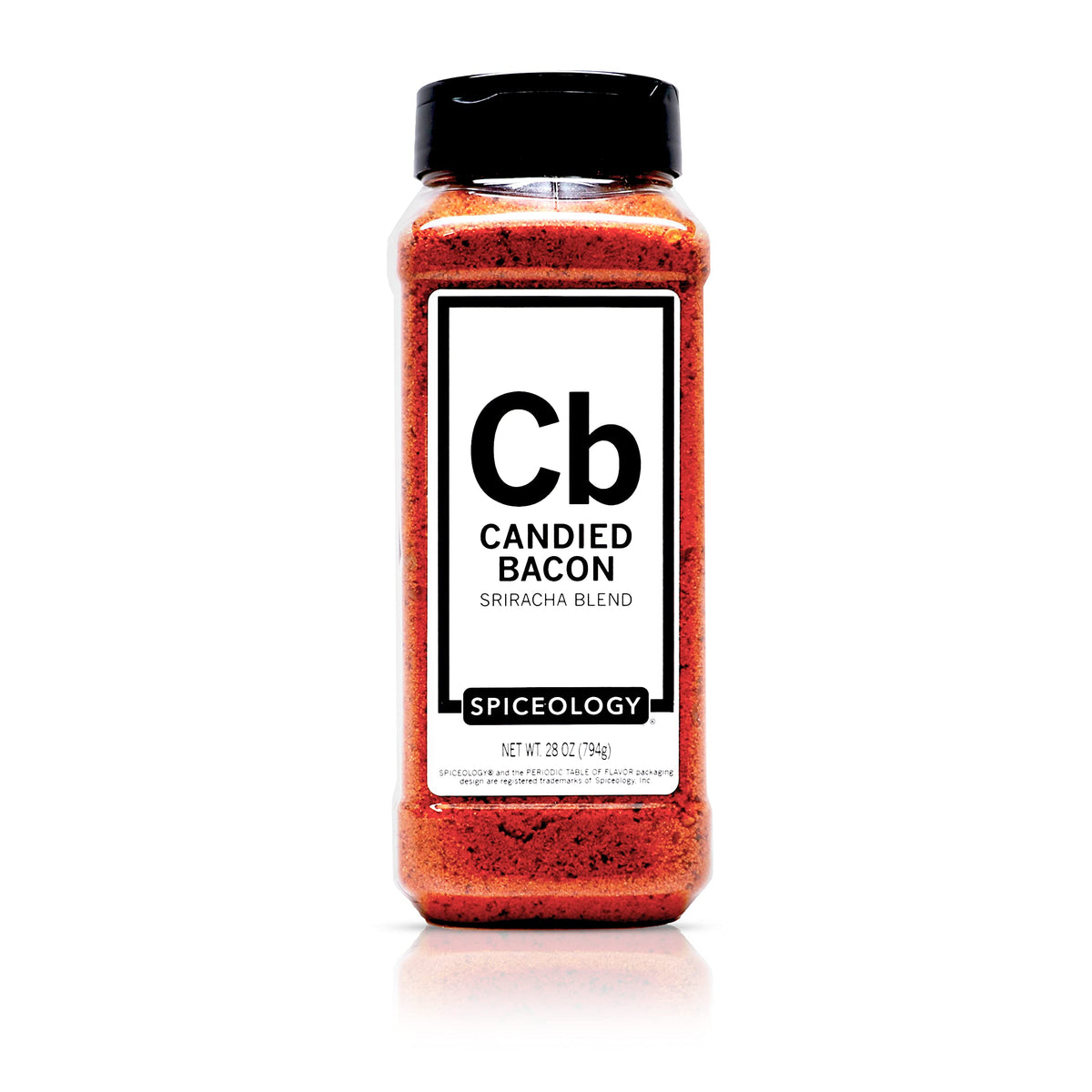 Spiceology jar front label showing Candied Bacon Sriracha and bold flavor benefit