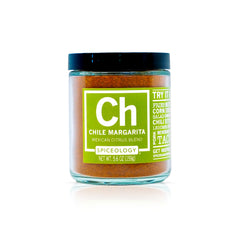 Spiceology jar front view showing Chile Margarita citrus-seasoning for grilling