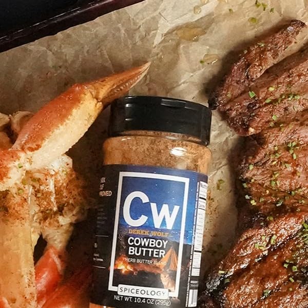 10.4 oz jar of Spiceology Cowboy Butter next to a spoon showing portion scale benefit