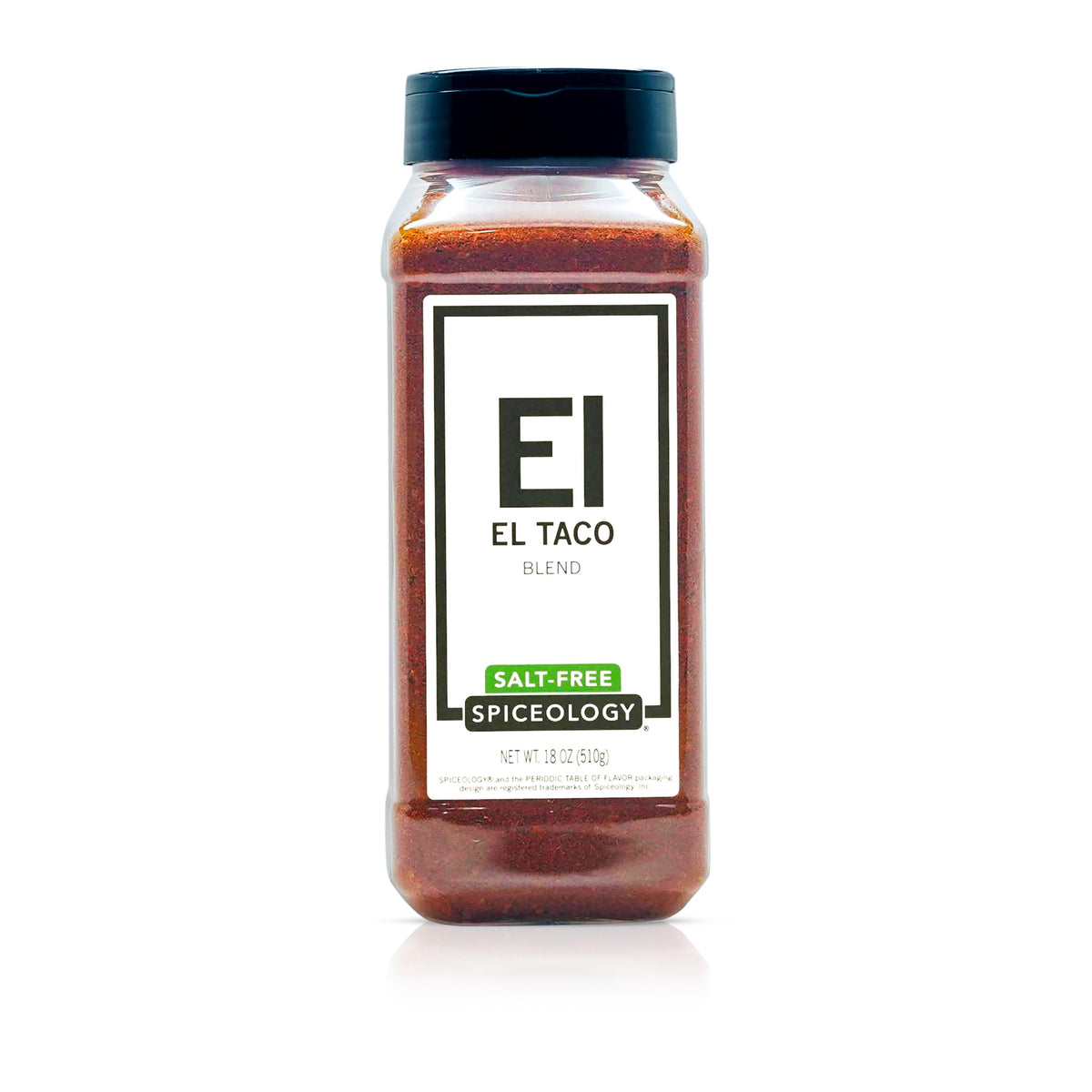 Spiceology front packaging of El Taco 18 oz showing label and bulk jar benefit