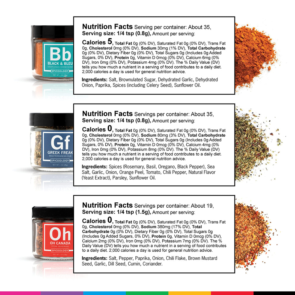 Label close-up on a Spiceology jar showing blend name and chef-quality appeal